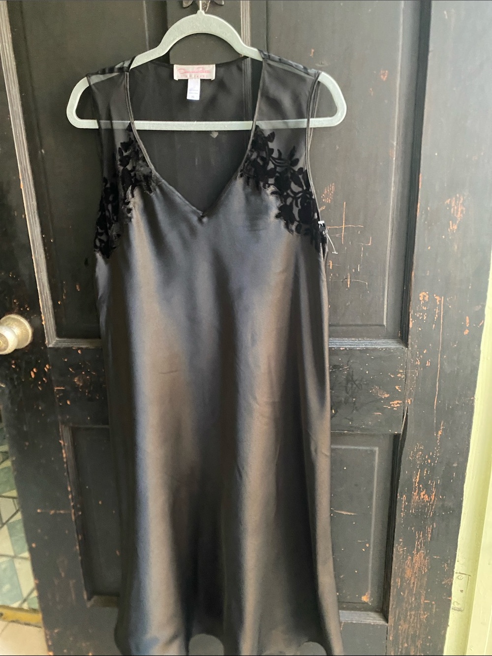 Oscar de la Renta Black Satin with Floral Lace Yoke
